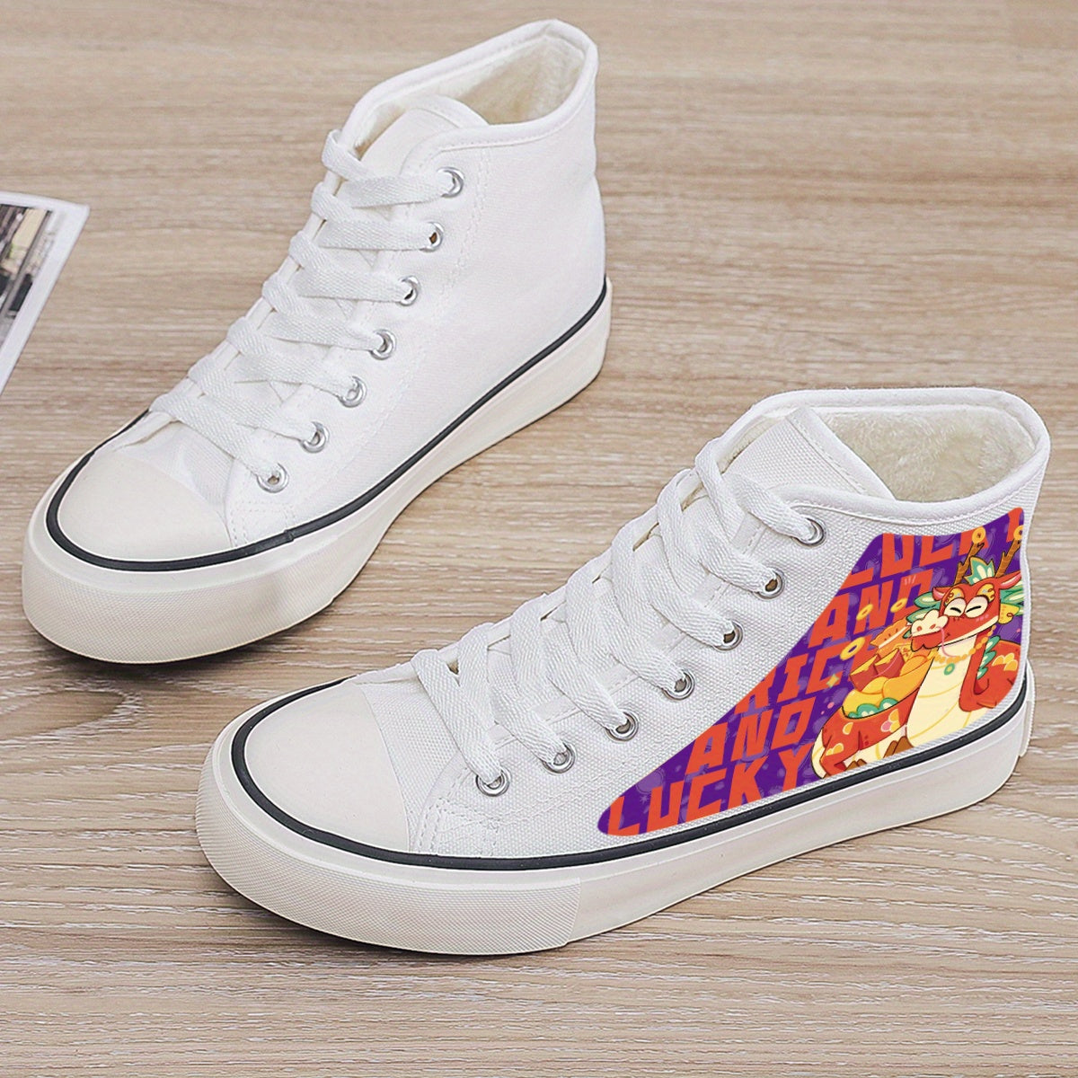 Dragon Print Plush Lined Thermal Chunky Canvas Sneakers Flat Heighten