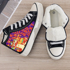 Dragon Print Plush Lined Thermal Chunky Canvas Sneakers Flat Heighten