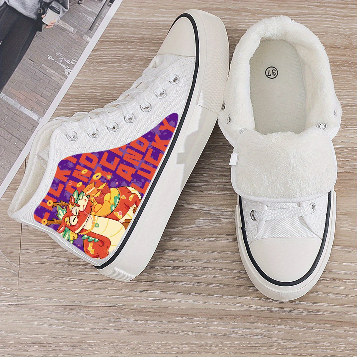 Dragon Print Plush Lined Thermal Chunky Canvas Sneakers Flat Heighten