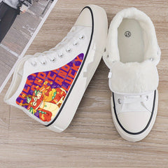 Dragon Print Plush Lined Thermal Chunky Canvas Sneakers Flat Heighten