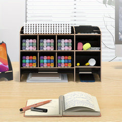 Wooden Pen Holder Desk Storage Shelf Organizer