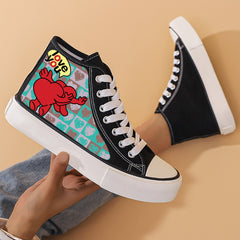 Heart Print Chunky Canvas Sneakers High Top Classic Skate Shoes