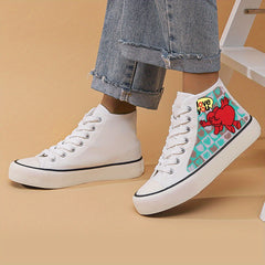 Heart Print Chunky Canvas Sneakers High Top Classic Skate Shoes