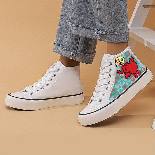 Heart Print Chunky Canvas Sneakers High Top Classic Skate Shoes