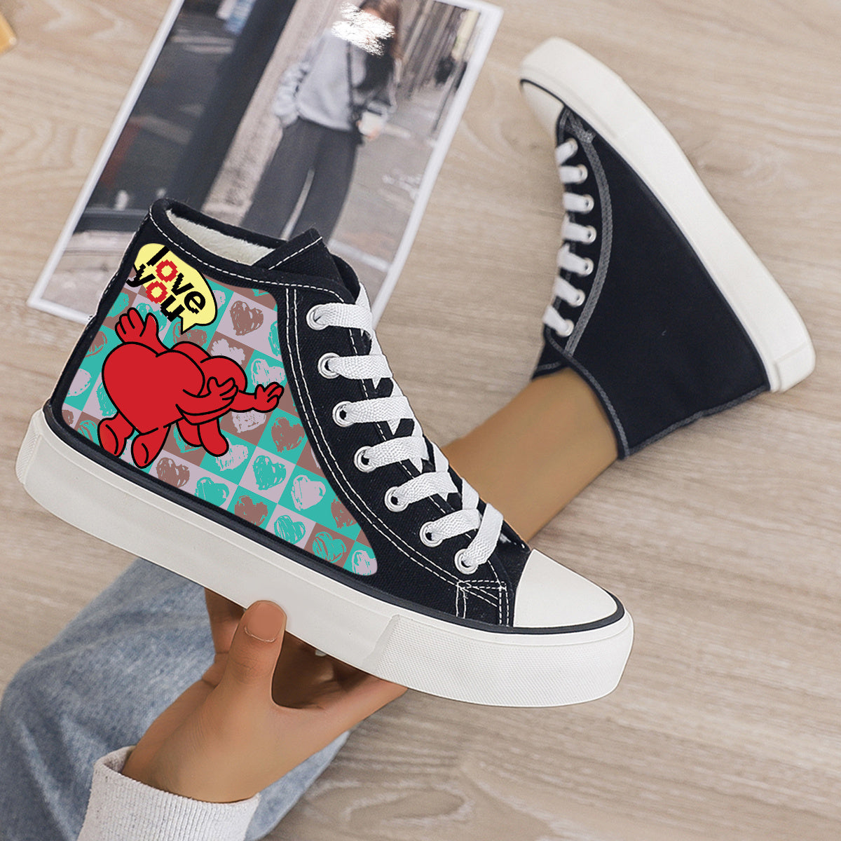 Heart Print Plush Sneakers