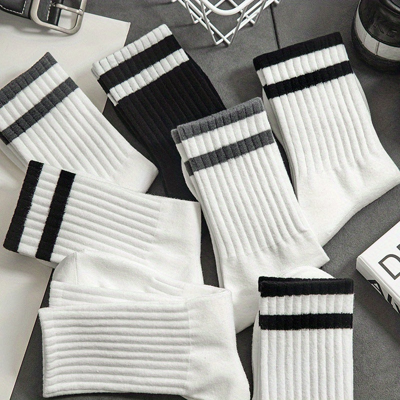 3 Pairs Men's Striped Crew Socks Breathable Casual Unisex Socks All Seasons