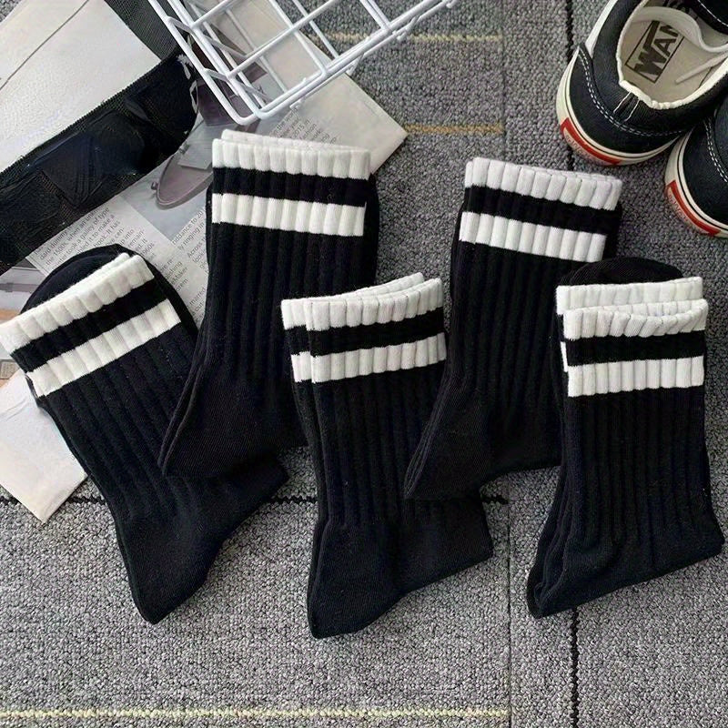 3 Pairs Men's Striped Crew Socks Breathable Casual Unisex Socks All Seasons