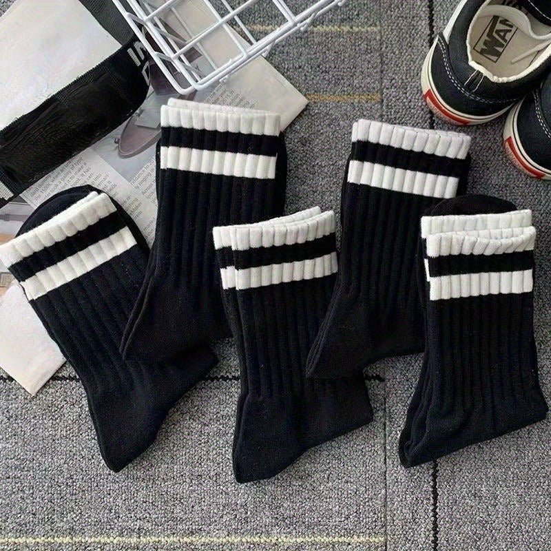 3 Pairs Men's Striped Crew Socks Breathable Casual Unisex Socks All Seasons