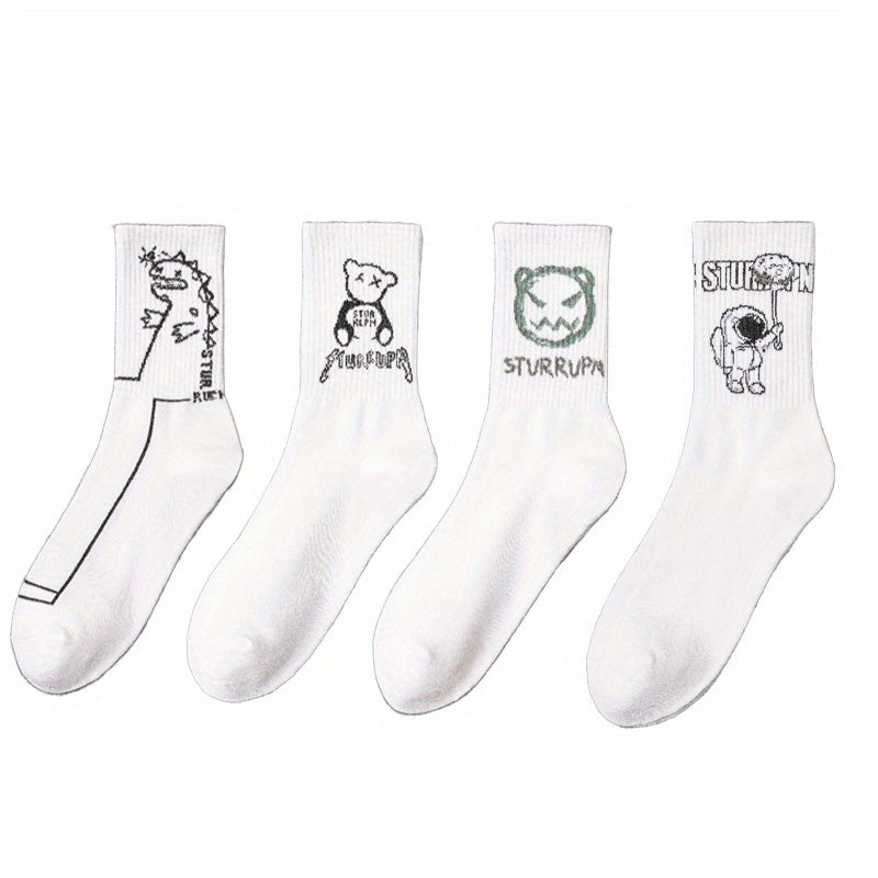 Men's Bear Pattern Crew Socks for Outdoor Activities