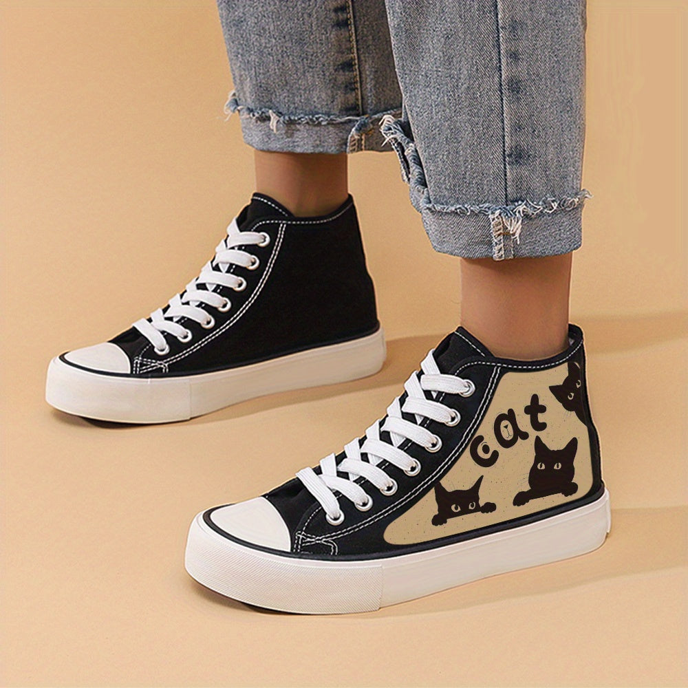 Cat Print Flat High Chunky Canvas Sneakers Non Slip High Top Skate Shoes