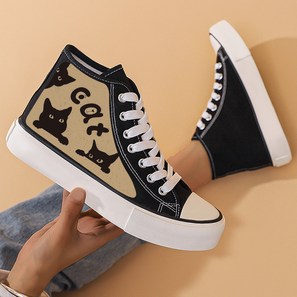 Cat Print Flat High Chunky Canvas Sneakers Non Slip High Top Skate Shoes