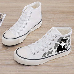 Cat Print Plush Lined Chunky Canvas Sneakers Flat Heighten