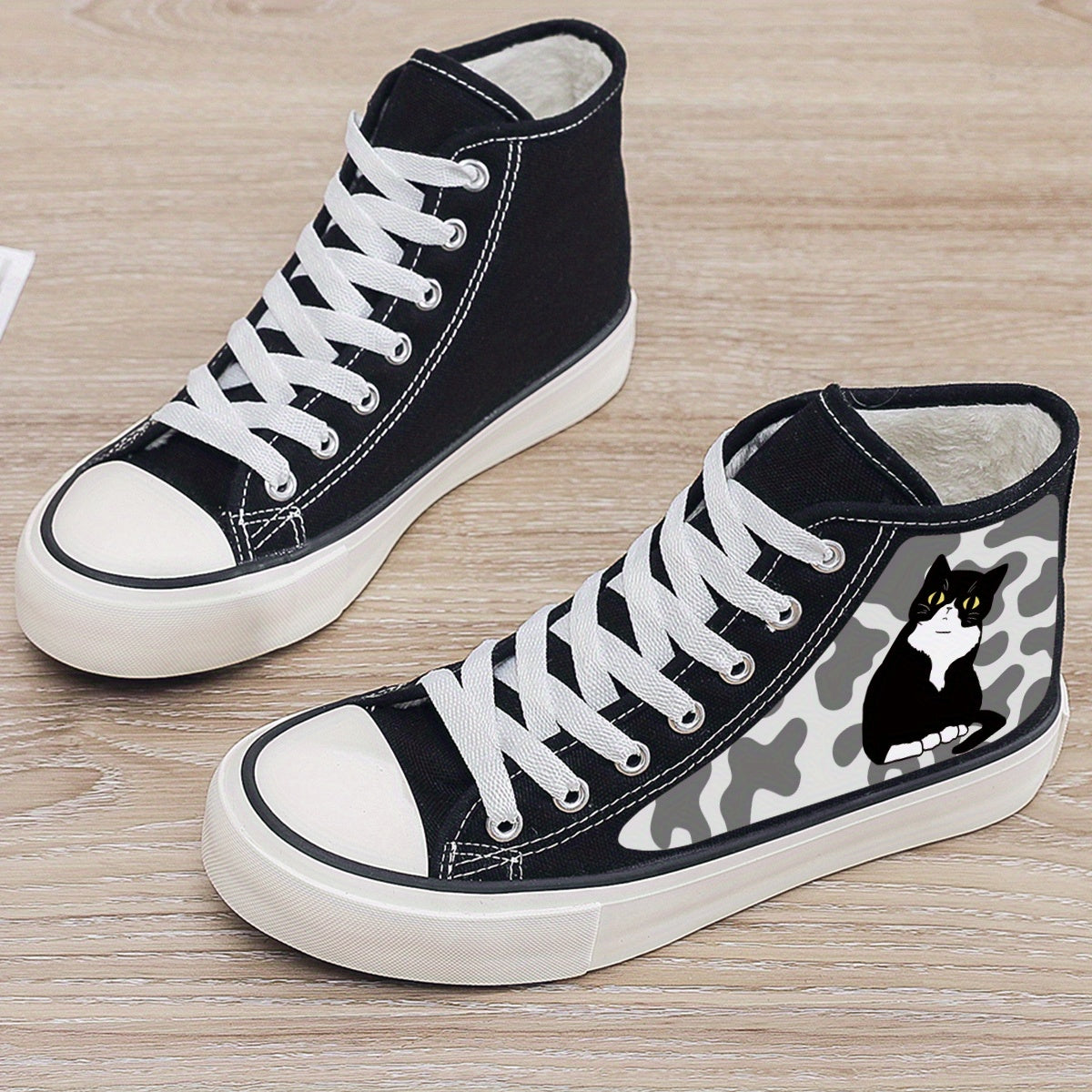 Cat Print Plush Lined Chunky Canvas Sneakers Flat Heighten