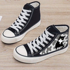 Cat Print Plush Lined Chunky Canvas Sneakers Flat Heighten