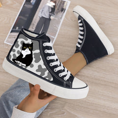 Cat Print Plush Lined Chunky Canvas Sneakers Flat Heighten