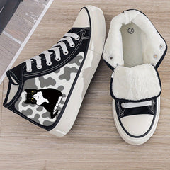 Cat Print Plush Lined Chunky Canvas Sneakers Flat Heighten