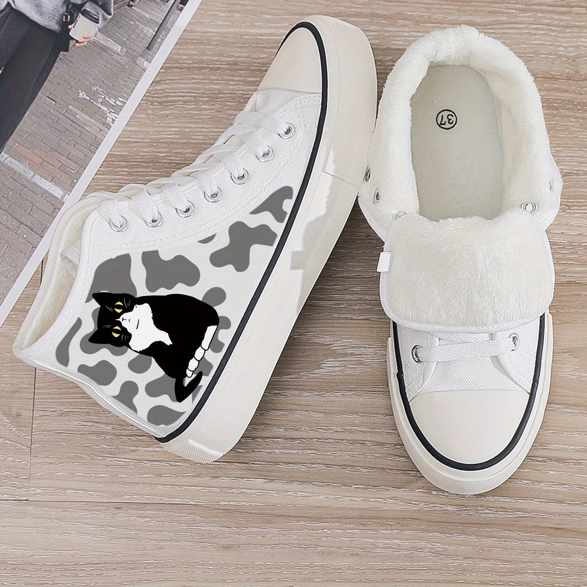Cat Print Plush Lined Chunky Canvas Sneakers Flat Heighten