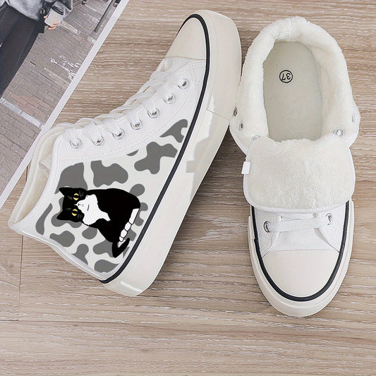Cat Print Plush Lined Chunky Canvas Sneakers Flat Heighten