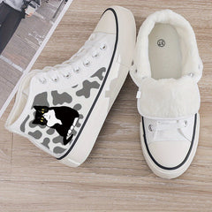 Cat Print Plush Lined Chunky Canvas Sneakers Flat Heighten