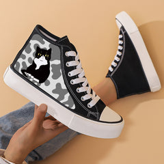 Cat Print Chunky Canvas Sneakers High Top Classic Skate Shoes