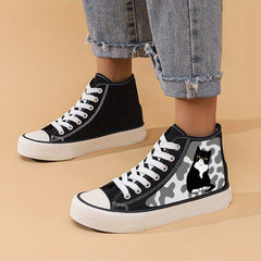 Cat Print Chunky Canvas Sneakers High Top Classic Skate Shoes