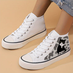 Cat Print Chunky Canvas Sneakers High Top Classic Skate Shoes