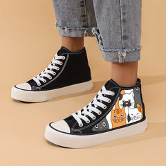 Cat Print Chunky Canvas Sneakers High Top Skate Shoes