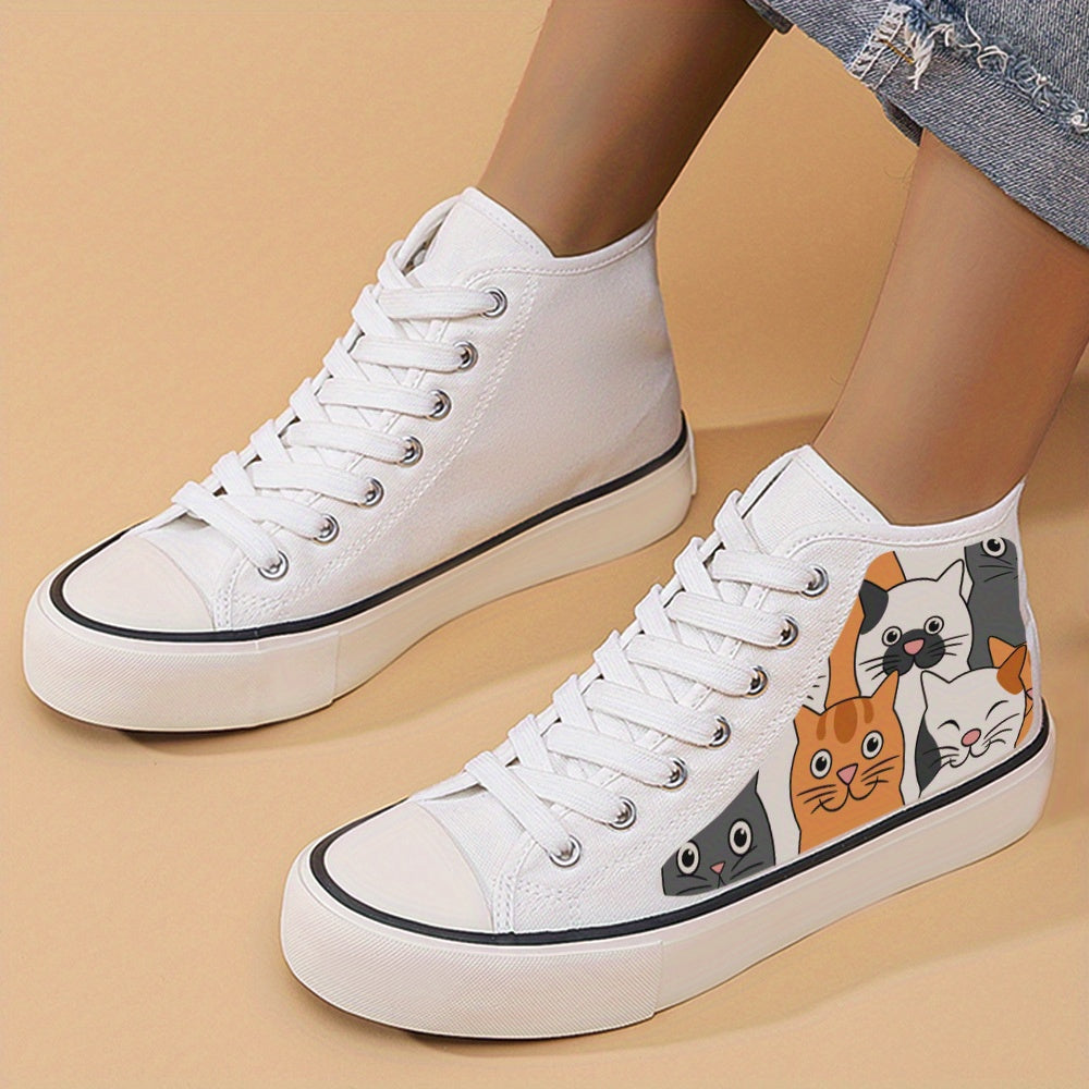 Cat Print Chunky Canvas Sneakers High Top Skate Shoes