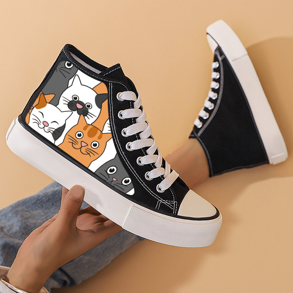 Cat Print Chunky Canvas Sneakers High Top Skate Shoes