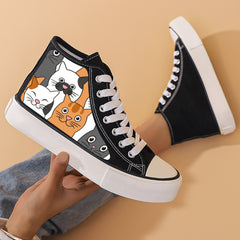 Cat Print Chunky Canvas Sneakers High Top Skate Shoes