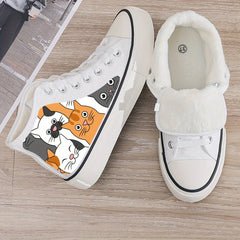 Cat Print Plush Lined Chunky Canvas Sneakers