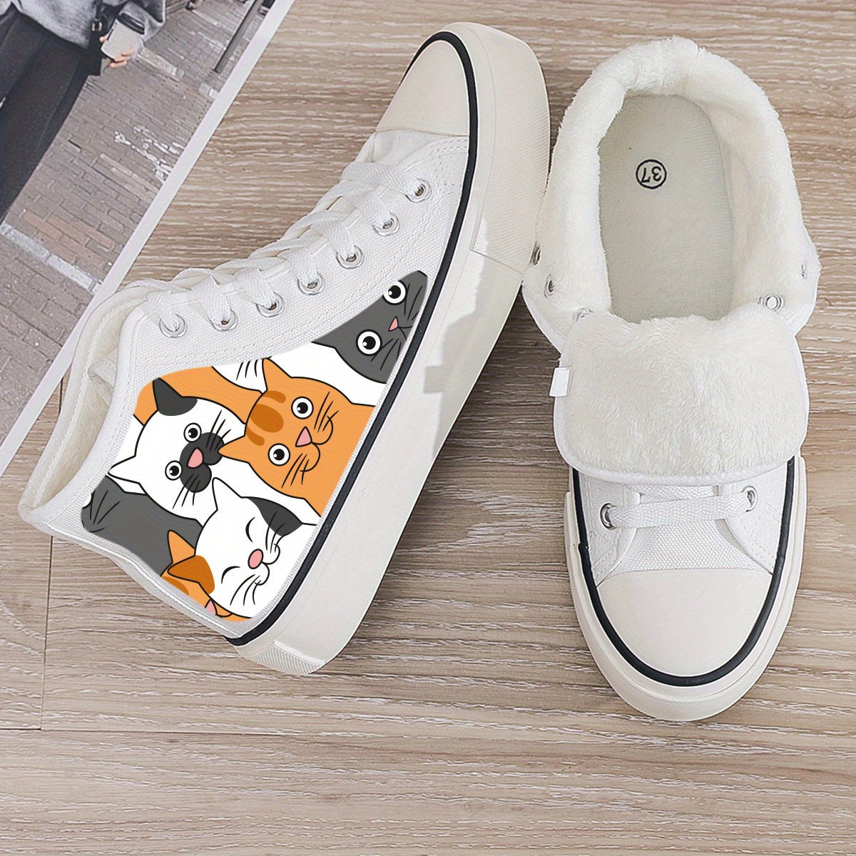Cat Print Plush Lined Chunky Canvas Sneakers