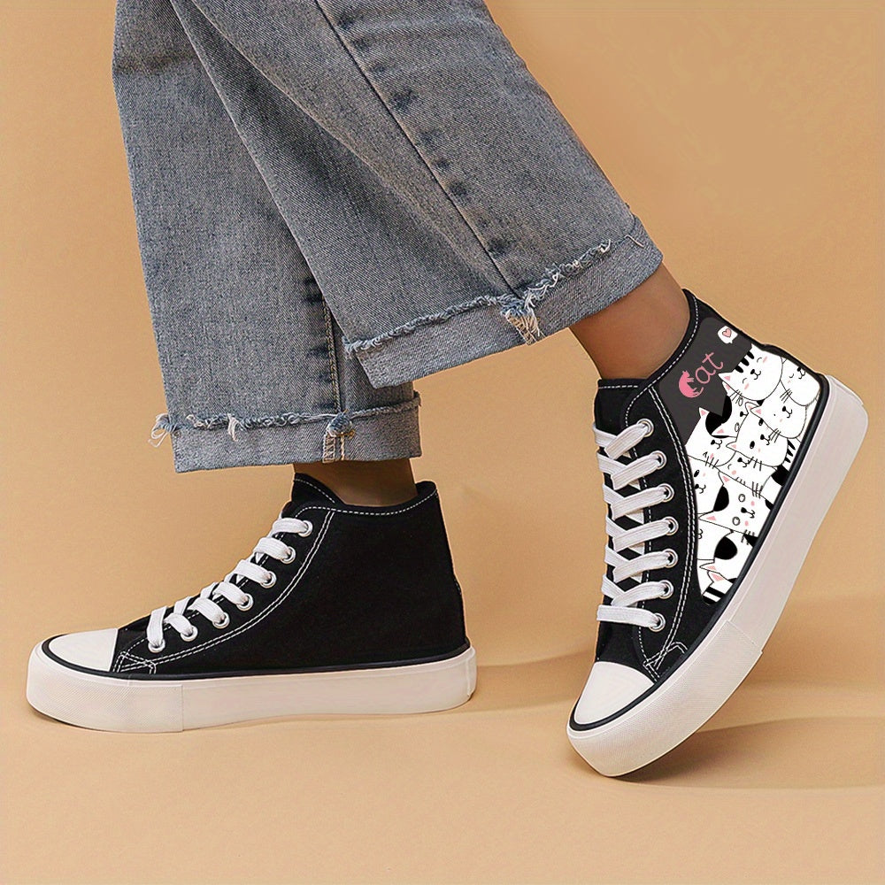 Cat Print Chunky Canvas Sneakers High Top Skate Shoes