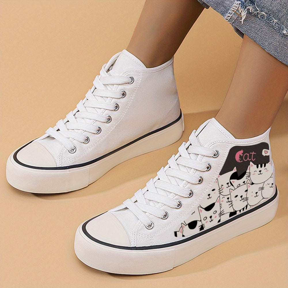 Cat Print Chunky Canvas Sneakers High Top Skate Shoes