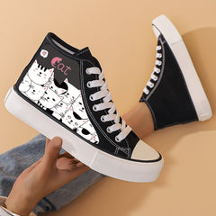 Cat Print Chunky Canvas Sneakers High Top Skate Shoes