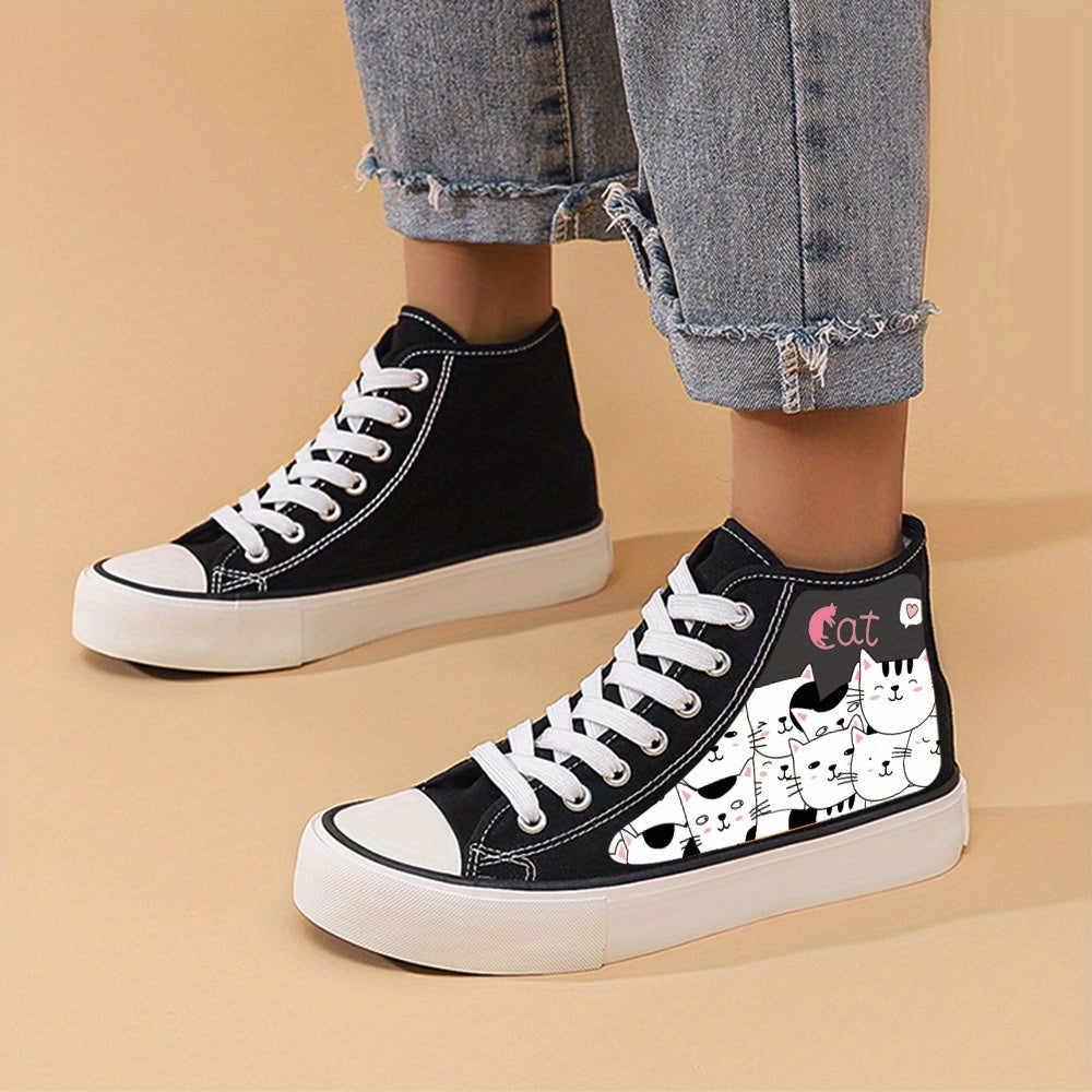 Cat Print Chunky Canvas Sneakers High Top Skate Shoes