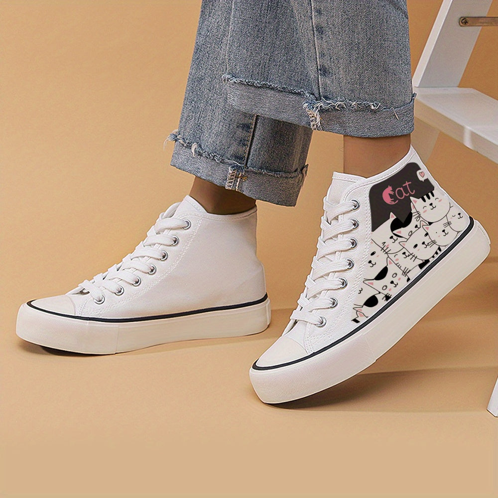 Cat Print Chunky Canvas Sneakers High Top Skate Shoes