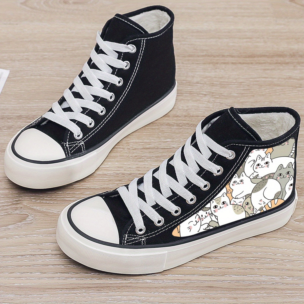 Cat Print Plush Lined Thermal Chunky Canvas Sneakers