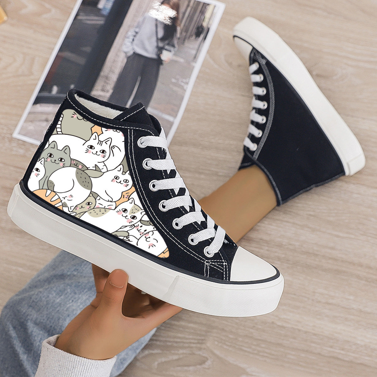 Cat Print Plush Lined Thermal Chunky Canvas Sneakers
