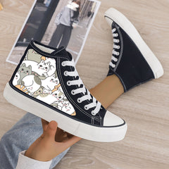 Cat Print Plush Lined Thermal Chunky Canvas Sneakers