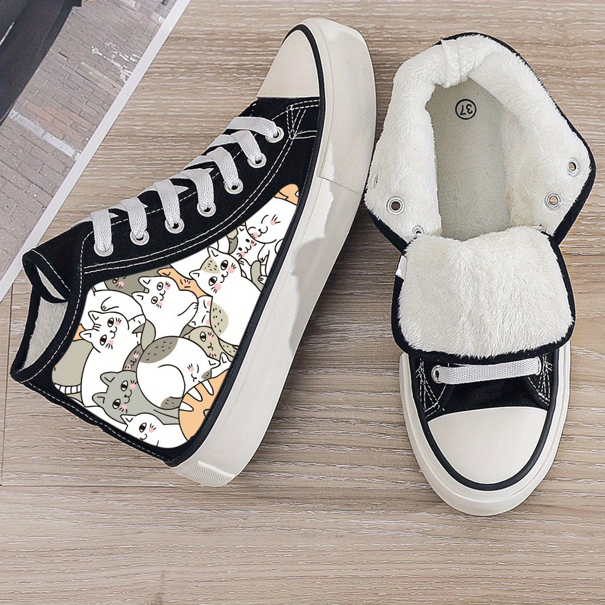 Cat Print Plush Lined Thermal Chunky Canvas Sneakers