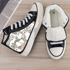 Cat Print Plush Lined Thermal Chunky Canvas Sneakers