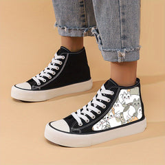 Cartoon Cat Print Chunky Canvas Sneakers High Top Classic Skate Shoes