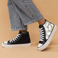 Cartoon Cat Print Chunky Canvas Sneakers High Top Classic Skate Shoes