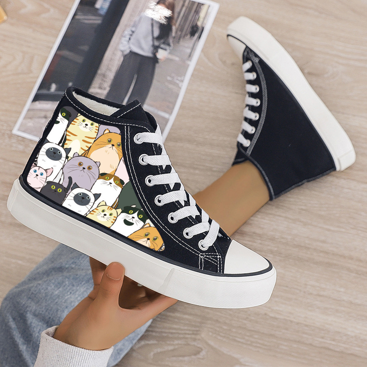 Cat Print Plush Lined Chunky Canvas Sneakers
