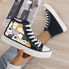 Cat Print Plush Lined Chunky Canvas Sneakers