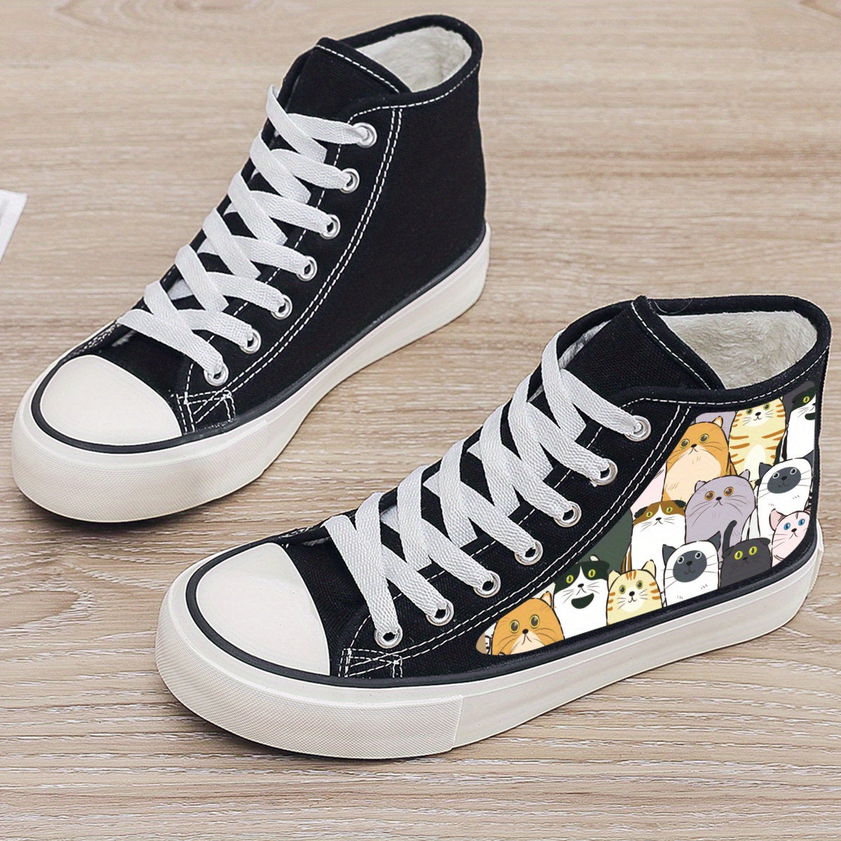 Cat Print Plush Lined Chunky Canvas Sneakers