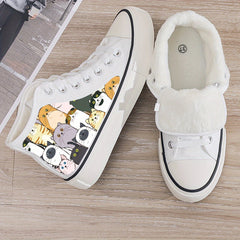 Cat Print Plush Lined Chunky Canvas Sneakers