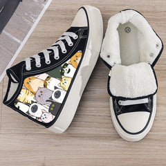 Cat Print Plush Lined Chunky Canvas Sneakers