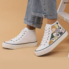 Cat Print Heighten Chunky Canvas Sneakers Non Slip High Top Skate Shoes
